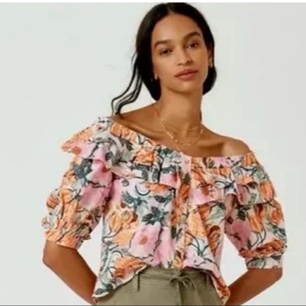 Anthropologie Ruffled Floral Blouse in Pink and Orange